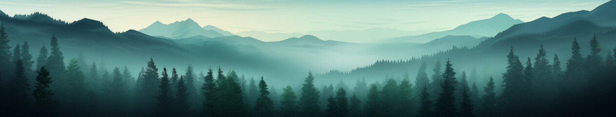 Mountain Whispers: Fog-Enshrouded Peaks at Daybreak - obrazy, fototapety, plakaty