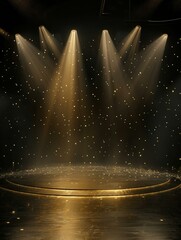 Close-up of stage, an illuminated black and gold background with a spotlight, highlighting fine, realistic details.