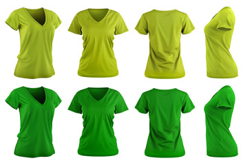 2 Set of woman dark light green lime tee t shirt v-neck slim cut, front back and side view on transparent background cutout, PNG file. Mockup template for artwork graphic design. - obrazy, fototapety, plakaty