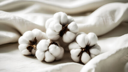 Elegant Cotton Bolls on a Soft Creamy Fabric Showcase - A depiction of natural fibers and purity through cotton bolls displayed on a Creamy Fabric. Generative AI. V-1