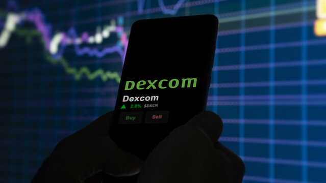 Dexcom on the screen of an exchange. Dexcom price stocks, $DXCM on a device.