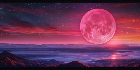 Pink moon - conceptual design of a pink moon in the sky of a natural landscape outdoors
