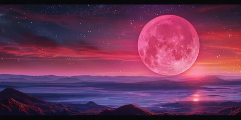 Printed kitchen splashbacks purple Pink moon - conceptual design of a pink moon in the sky of a natural landscape outdoors