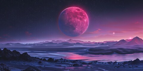 Fototapeta na wymiar Pink moon - conceptual design of a pink moon in the sky of a natural landscape outdoors