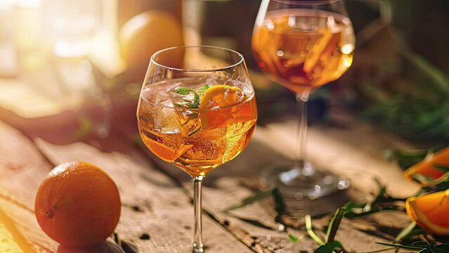 italian spritz cocktail in big glasses with orange on wooden table