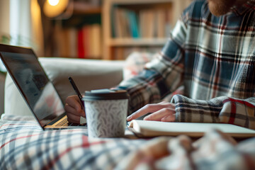 Cozy Freelance Workspace with Laptop and Coffee Cup