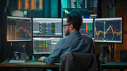 Trader Analyzing Stock Market Data on Multiple Computer Screens