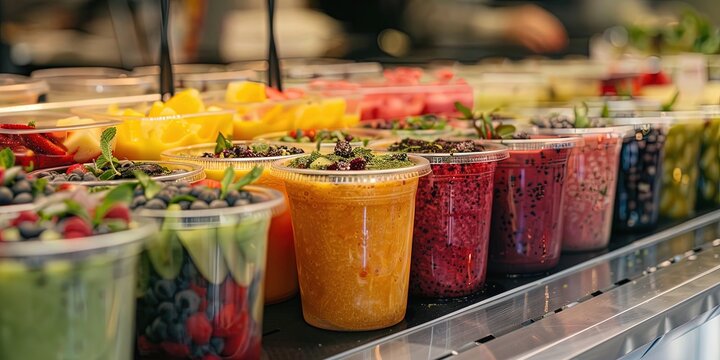 Modern smoothie shop - restaurant business interior with fruity frozen smoothies