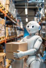 Fototapeta premium Futuristic robot working in a warehouse, modern anthropomorphic automated ai robot machine helping with logistics and packaging, shipping stock store