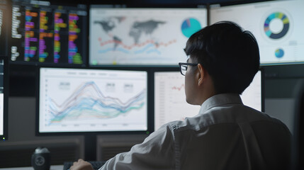 Professional Analyst Evaluating Financial Data on Computer Screens