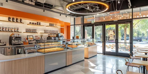 Foto op Canvas Interior of a modern donut shop - clean and professional shop with kitchen and dining room area © Brian