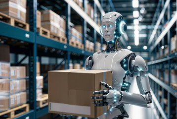 Futuristic robot working in a warehouse, modern anthropomorphic automated ai robot machine helping with logistics and packaging, shipping stock store