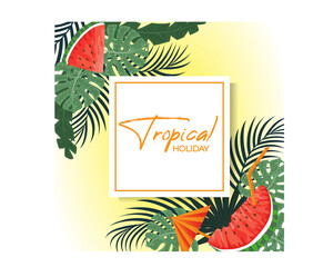 Summer composition with watermelon slice and tropical leaves. Design for banner, greeting card, poster, cover and other various products.