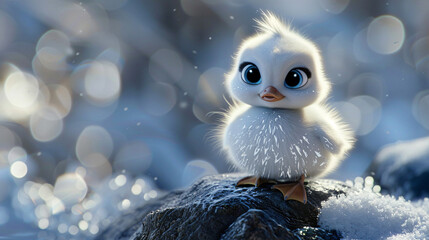 white duck sitting on a rock snow baby fluffy - Powered by Adobe