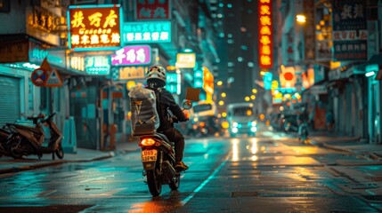A motorcyclist weaves through a deserted, neon-sign splattered urban street at night, reflecting the city's vibrant nightlife.