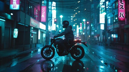 A solitary motorcyclist rides a bike through a city street illuminated by neon signs, reflecting on a wet road after rainfall at night.