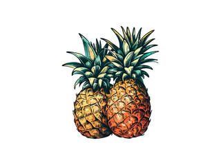 Vintage style, Vector Illustration pineapple, summer concept, kawaii, isolated in white background