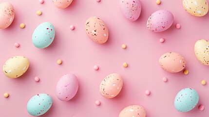 Fototapeta na wymiar Easter eggs on a pink background, flat lay, top view