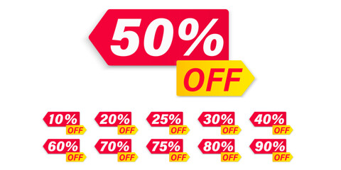 Different discount price 10, 20, 25, 30, 40, 50, 60, 70, 80, 90 percent.  Promotion badge set for shopping marketing and advertisement clearance sale, special offer, Save money. Vector illustration.