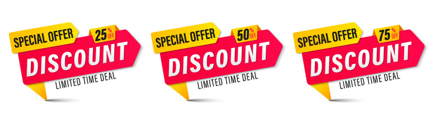 Different discount price 25, 50 and 75 percent. Promotion sticker badge set for shopping marketing and advertisement, clearance sale, special offer, banner, element, Save money. Vector illustration.
