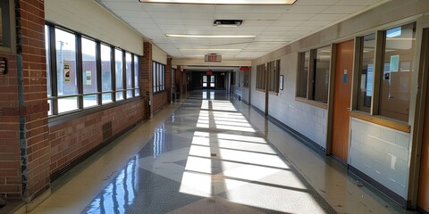 Interior of a school - hallway empty without students leading to classrooms for academic learning