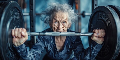 Older woman lifting barbells - grandma action sports. Retired senior citizen checking items off  her bucket list - obrazy, fototapety, plakaty