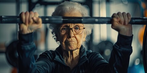 Older woman lifting barbells - grandma action sports. Retired senior citizen checking items off  her bucket list