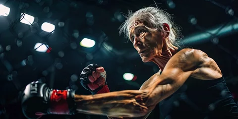 Fotobehang Older woman training in mixed martial arts - grandma action sports. Retired senior citizen checking items off  her bucket list © Brian