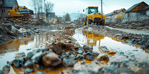 An excavator, tractor or bulldozer carries out excavation work and landscaping in the village. Special equipment for road construction - obrazy, fototapety, plakaty