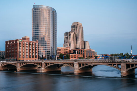 Grand Rapids, Michigan, September 7, 2020: Pearl Street Bridge across the Grand River in downtown Grand Rapids.