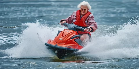  Older woman riding a jet ski - grandma action sports on the lake. Retired senior citizen checking items off  her bucket list © Brian