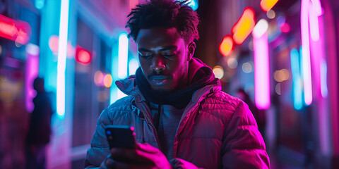Close-up of a black man in a jacket using a smartphone against the backdrop of an evening city and neon lights. Communication on social networks, SMS messages to friends, searching for information on  - obrazy, fototapety, plakaty