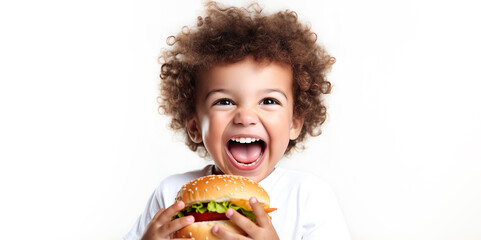 Adorable child with curly hair smiles and takes a bite of a burger on a white background. A little boy is holding a delicious burger in his hands. Banner with copy space. Healthy eating concept