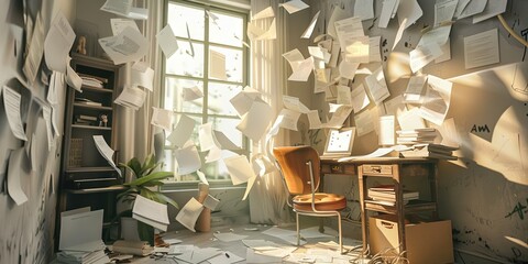 Day job concept - don't quit your day job phrase - paperwork flying off a desk