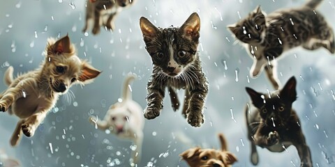 raining cats and dogs - literal kittens and puppies falling from the sky like rain drops - obrazy, fototapety, plakaty