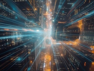 A dynamic and futuristic visualization of a city at night, portrayed with streaks of light symbolizing fast data transfer
