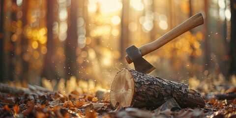 Axe to grind - an ax wedged in a wooden tree stump - obrazy, fototapety, plakaty