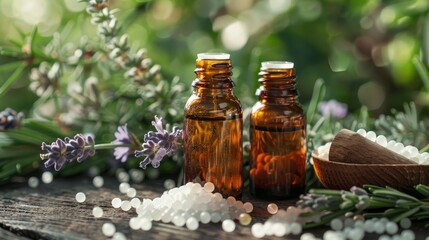 Amber bottles of homeopathic remedies surrounded by fresh lavender and homeopathic globules on a rustic table.