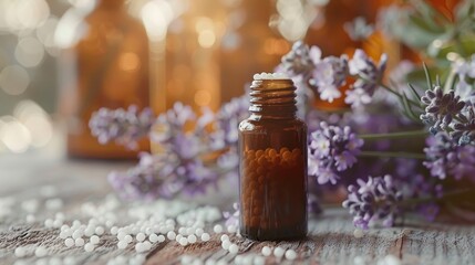 A brown glass bottle of homeopathic pellets is surrounded by fresh lavender flowers on a rustic table.
