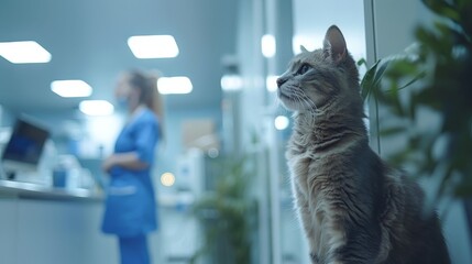 Focus on a pensive cat sitting in a veterinary clinic with the blurred figure of a veterinary nurse working in the background.