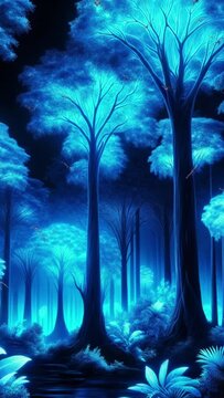 Blue neon tropical glowing forest. Birds fly in the forest.