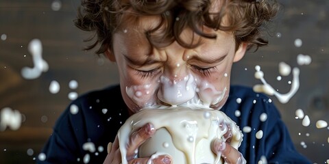 Crying over spilt milk - young boy upset because of the messy dairy mess  - obrazy, fototapety, plakaty
