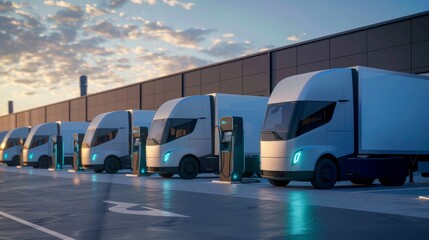 A fleet of electric semi trucks charging at the station with a beautiful sunset in the background, depicting green transportation solutions.