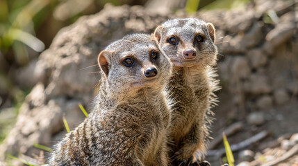 Fototapeta premium Two mongoose close together, looking out with curiosity and alertness.