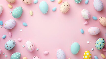 Fototapeta na wymiar Easter eggs on a pink background, flat lay, top view