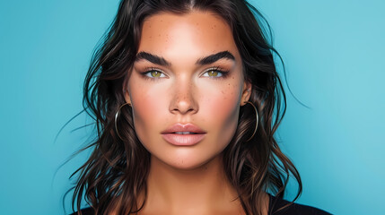 Fototapeta premium Portrait of a Young Woman With Striking Beauty Against a Blue Background