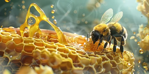 Papier Peint photo Lavable Photographie macro Bumblebee making honey with honeycombs - macro closeup with zoom lens nature