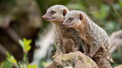 Obraz premium Two mongoose close together, looking out with curiosity and alertness.