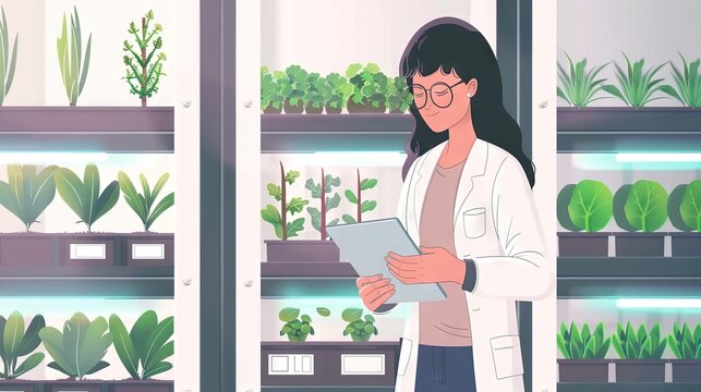 Woman biotechnology research scientist making a checklist in a vertical farm. Rows of shelves filled with green plants being grown in a controlled commercial laboratory environment.