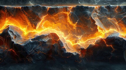 Digital art of molten lava textures creating a vibrant pattern across a rugged terrain surface.